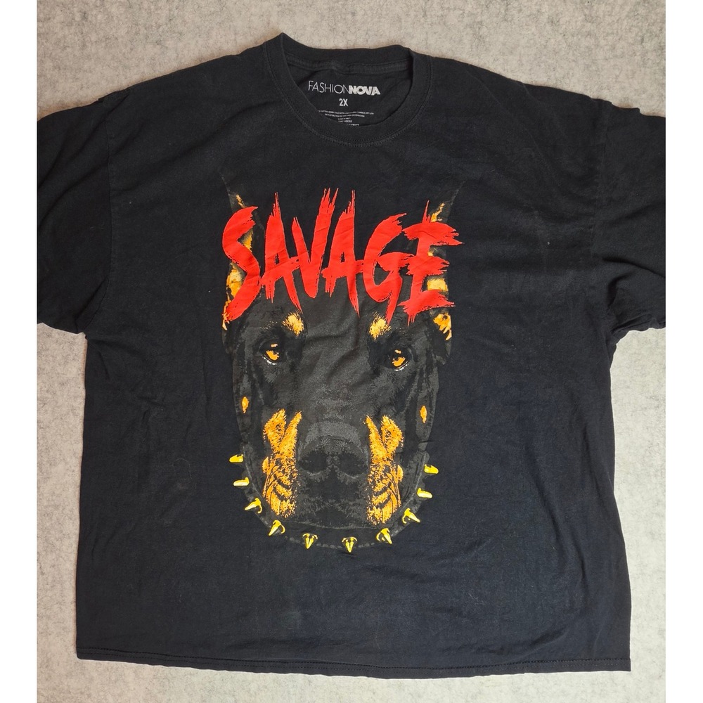 Fashion Nova Savage Doberman Graphic T-Shirt Black 2X Streetwear Y2K Grunge Edgy